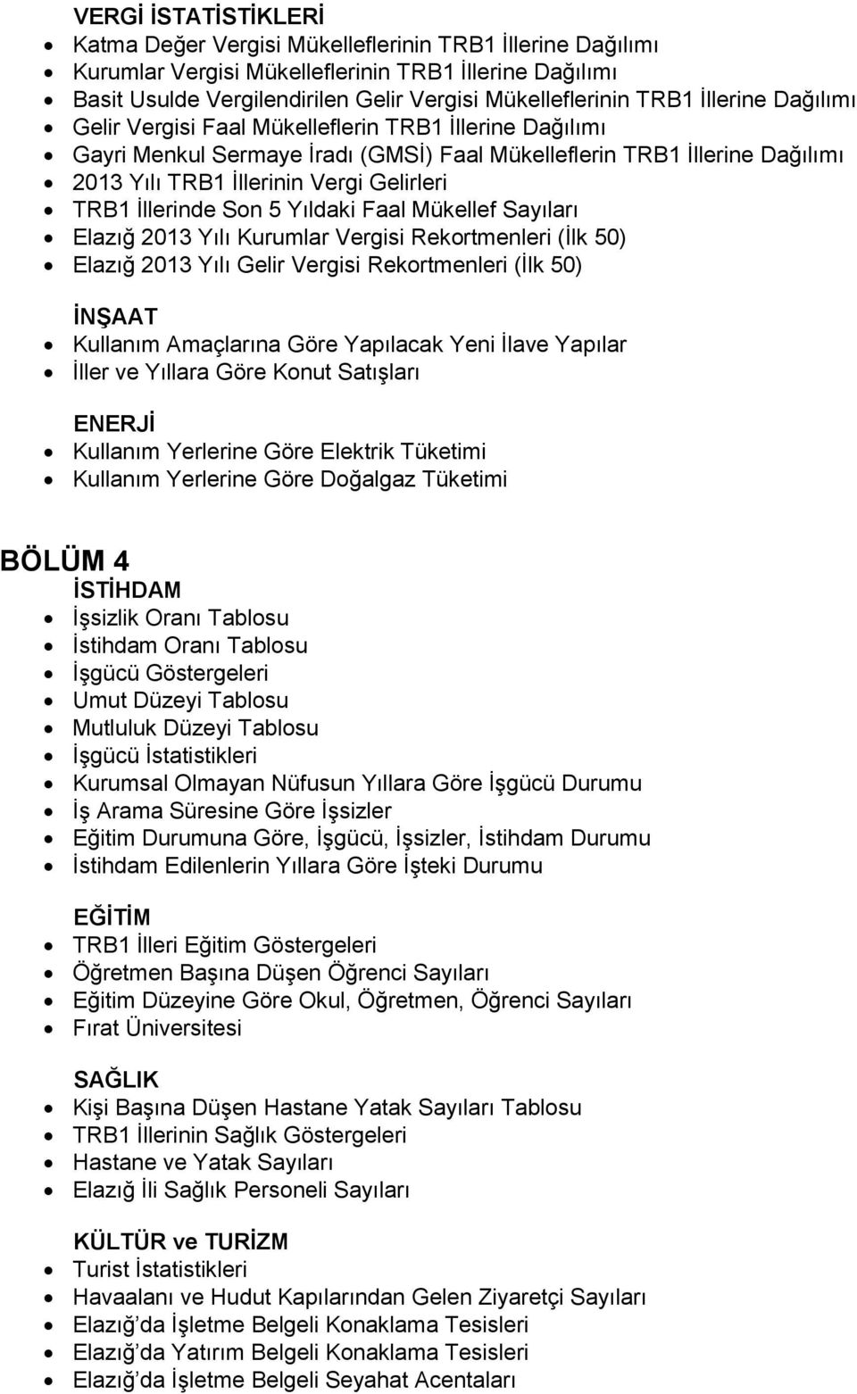 İllerinde Son 5 Yıldaki Faal Mükellef Sayıları Elazığ 2013 Yılı Kurumlar Vergisi Rekortmenleri (İlk 50) Elazığ 2013 Yılı Gelir Vergisi Rekortmenleri (İlk 50) İNŞAAT Kullanım Amaçlarına Göre Yapılacak