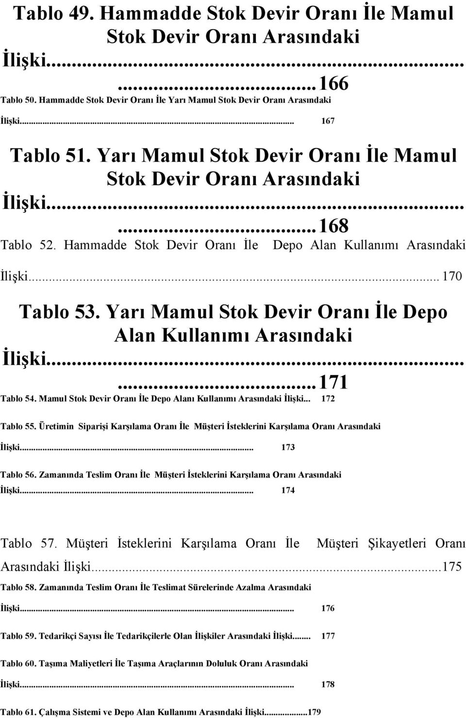 Yarı Mamul Stok Devir Oranı İle Depo Alan Kullanımı Arasındaki İlişki...... 171 Tablo 54. Mamul Stok Devir Oranı İle Depo Alanı Kullanımı Arasındaki İlişki... 172 Tablo 55.