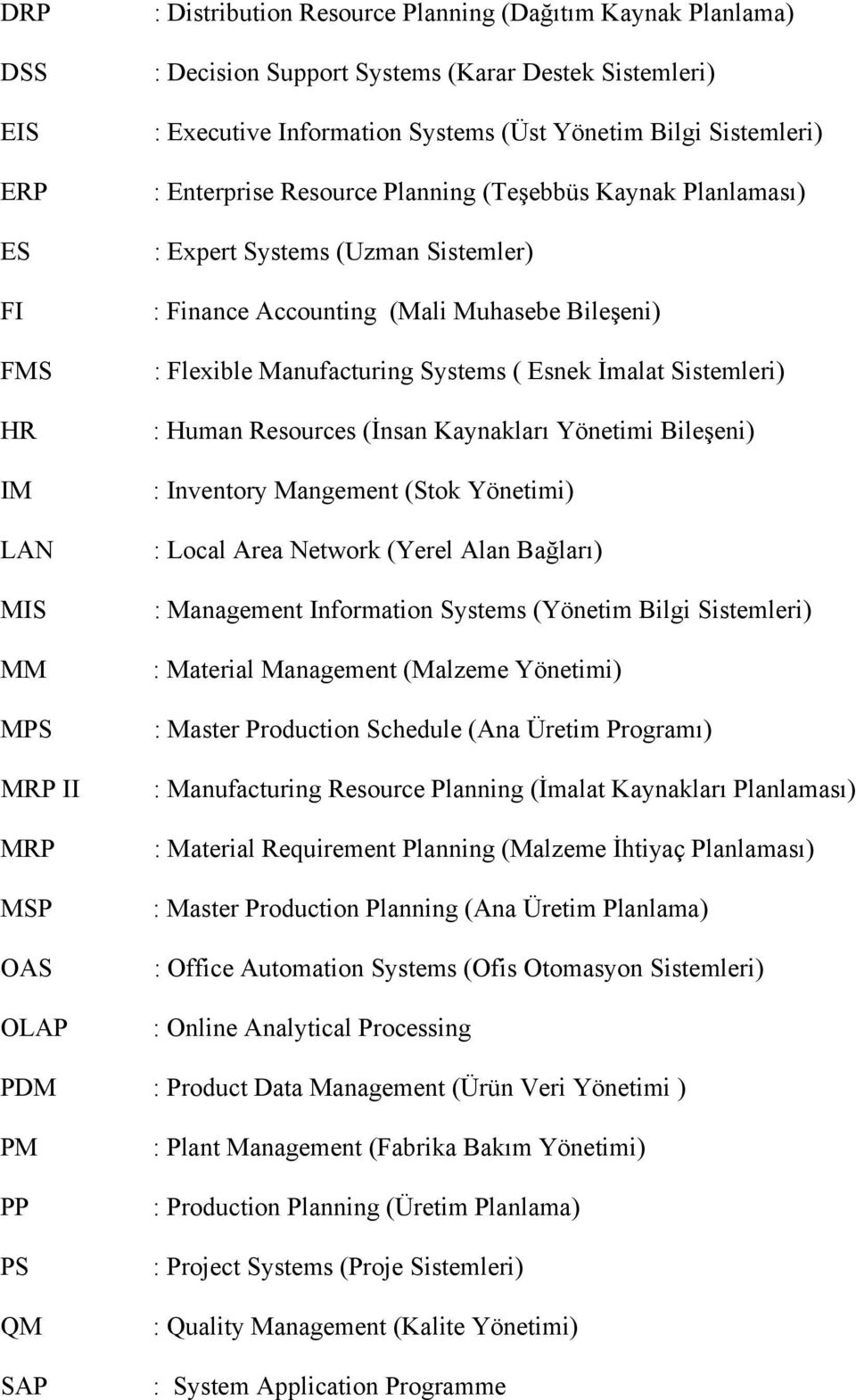 Flexible Manufacturing Systems ( Esnek İmalat Sistemleri) : Human Resources (İnsan Kaynakları Yönetimi Bileşeni) : Inventory Mangement (Stok Yönetimi) : Local Area Network (Yerel Alan Bağları) :