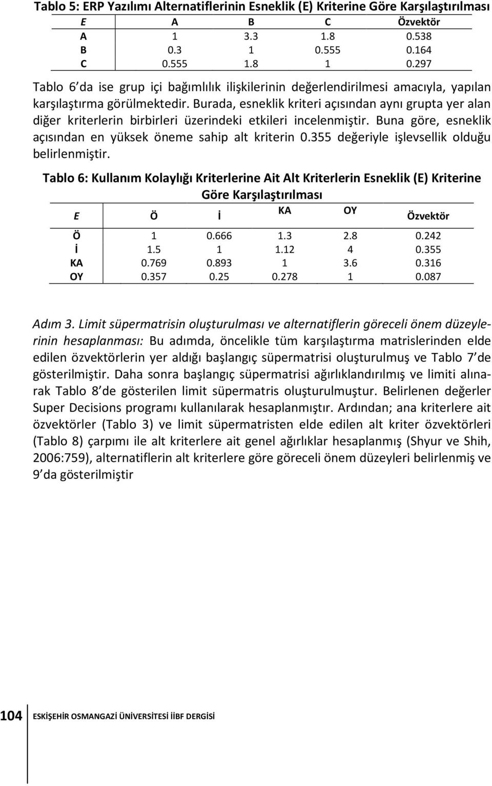 Burada, esneklik kriteri açısından aynı grupta yer alan diğer kriterlerin birbirleri üzerindeki etkileri incelenmiştir. Buna göre, esneklik açısından en yüksek öneme sahip alt kriterin 0.