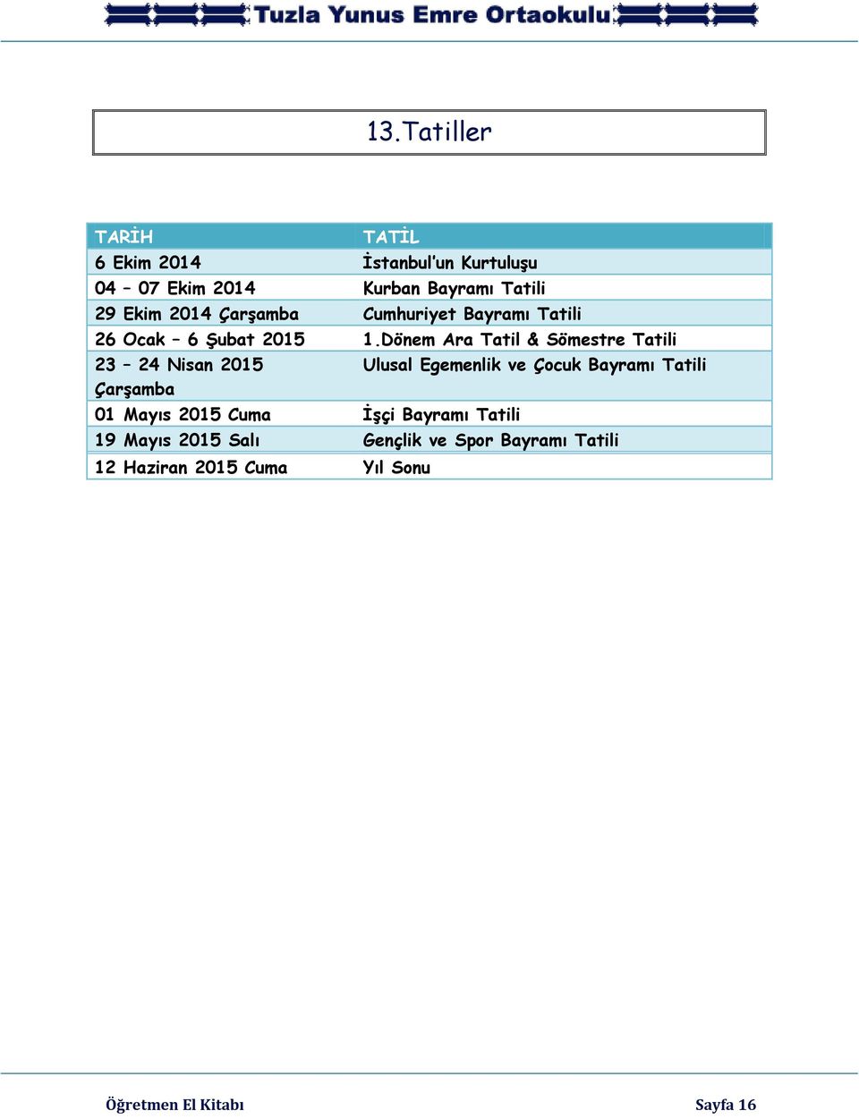 Dönem Ara Tatil & Sömestre Tatili 23 24 Nisan 2015 Çarşamba 01 Mayıs 2015 Cuma İşçi Bayramı Tatili