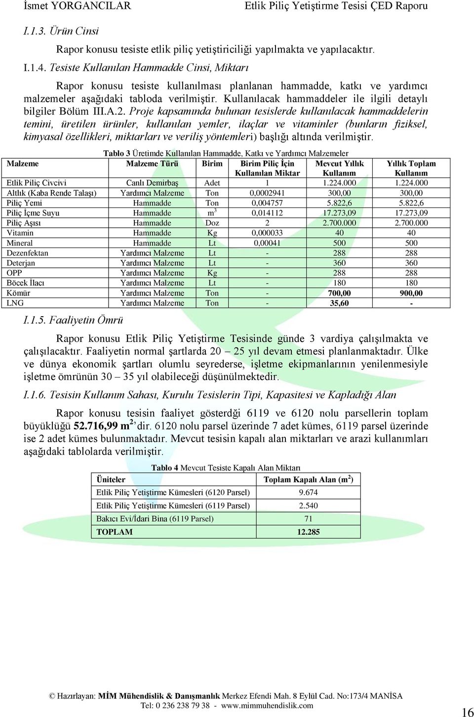 Kullanılacak hammaddeler ile ilgili detaylı bilgiler Bölüm III.A.2.