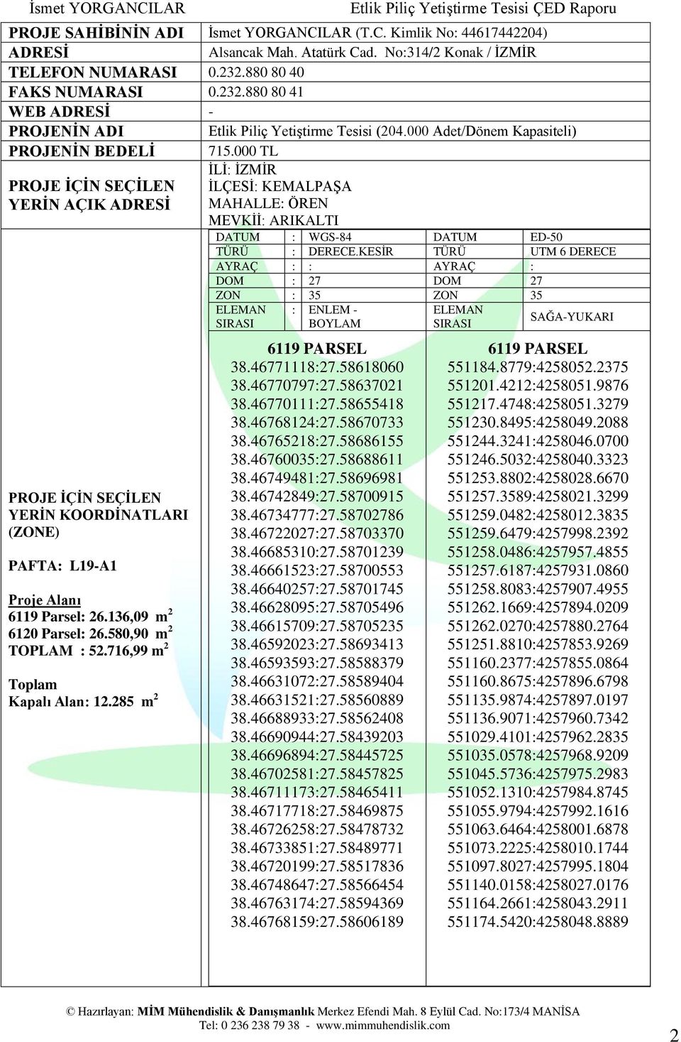 000 TL İLİ: İZMİR PROJE İÇİN SEÇİLEN YERİN AÇIK ADRESİ İLÇESİ: KEMALPAŞA MAHALLE: ÖREN MEVKİİ: ARIKALTI PROJE İÇİN SEÇİLEN YERİN KOORDİNATLARI (ZONE) PAFTA: L19-A1 Proje Alanı 6119 Parsel: 26.