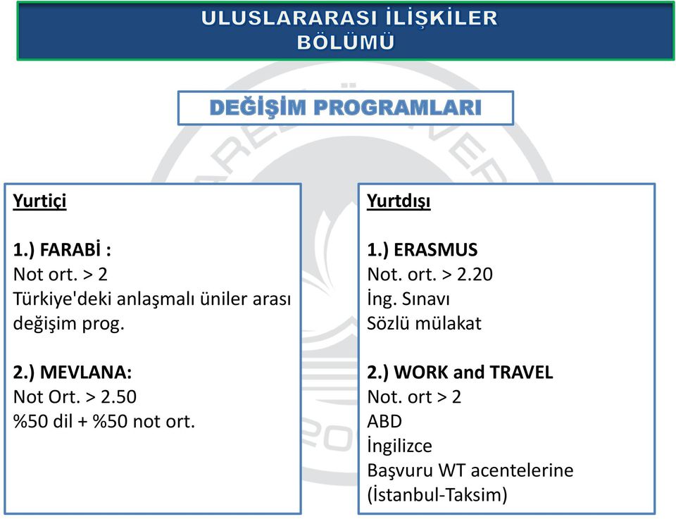 > 2.50 %50 dil + %50 not ort. Yurtdışı 1.) ERASMUS Not. ort. > 2.20 İng.