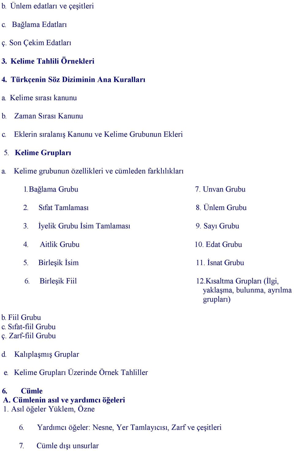 İyelik Grubu İsim Tamlaması 9. Sayı Grubu 4. Aitlik Grubu 10. Edat Grubu 5. Birleşik İsim 11. İsnat Grubu 6. Birleşik Fiil 12.Kısaltma Grupları (İlgi, yaklaşma, bulunma, ayrılma grupları) b.