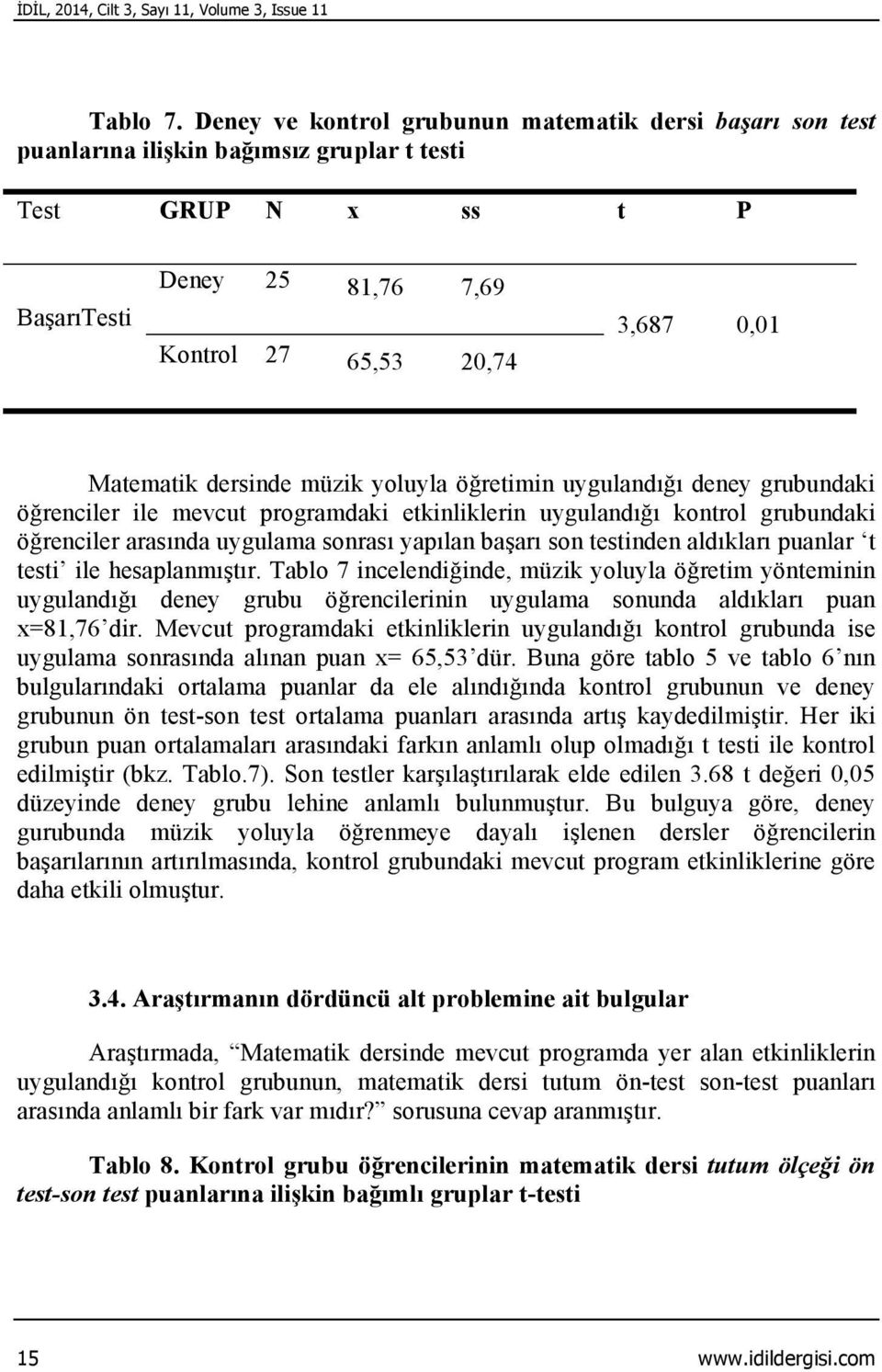 dersinde müzik yoluyla öğretimin uygulandığı deney grubundaki öğrenciler ile mevcut programdaki etkinliklerin uygulandığı kontrol grubundaki öğrenciler arasında uygulama sonrası yapılan başarı son