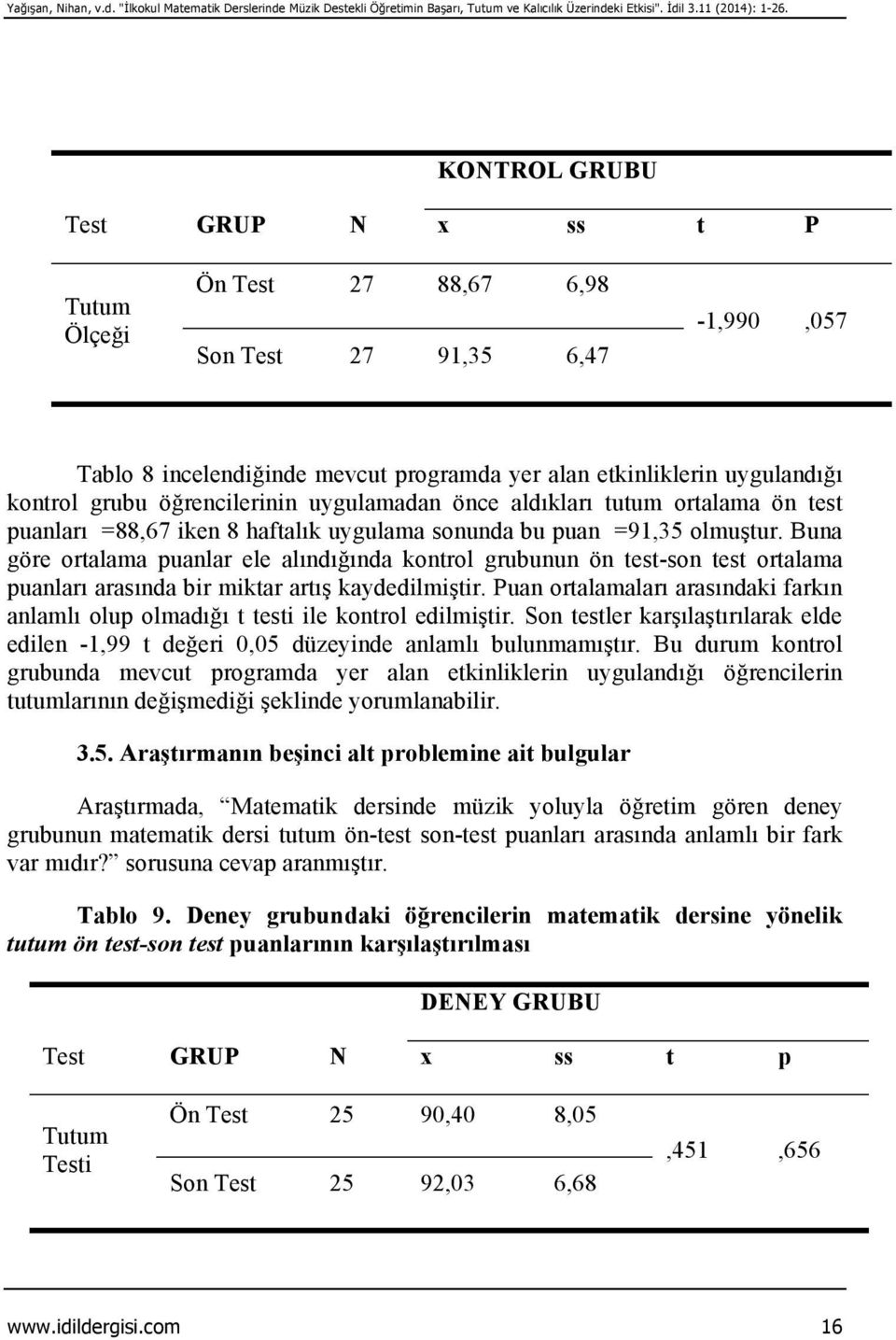 öğrencilerinin uygulamadan önce aldıkları tutum ortalama ön test puanları =88,67 iken 8 haftalık uygulama sonunda bu puan =91,35 olmuştur.