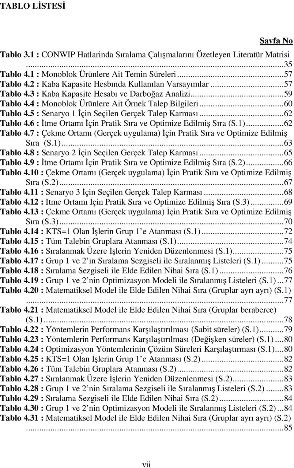 5 : Senaryo 1 İçin Seçilen Gerçek Talep Karması...62 Tablo 4.6 : İtme Ortamı İçin Pratik Sıra ve Optimize Edilmiş Sıra (S.1)...62 Tablo 4.7 : Çekme Ortamı (Gerçek uygulama) İçin Pratik Sıra ve Optimize Edilmiş Sıra (S.