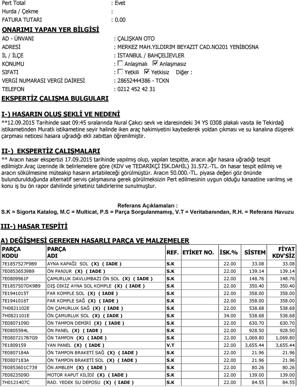 EKSPERTİZ ÇALIŞMA BULGULARI I-) HASARIN OLUŞ ŞEKLİ VE NEDENİ **12.09.