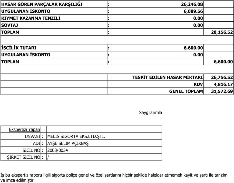 17 GENEL TOPLAM 31,572.69 Saygılarımla Ekspertizi Yapan ÜNVANI : MELİS SİGORTA EKS.LTD.ŞTİ.