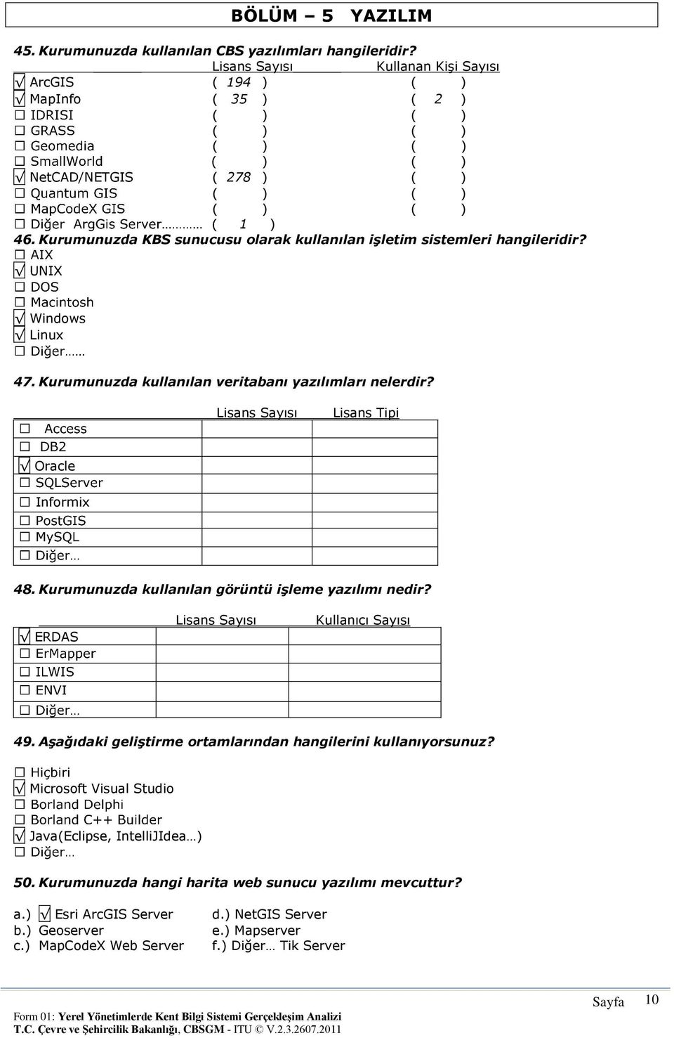 Lisans Sayısı Lisans Tipi Oracle Informix 48. Kurumunuzda kullanılan görüntü işleme yazılımı nedir? ERDAS Lisans Sayısı Kullanıcı Sayısı 49.