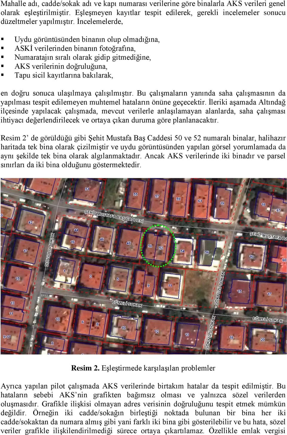 İncelemelerde, Uydu görüntüsünden binanın olup olmadığına, ASKİ verilerinden binanın fotoğrafına, Numaratajın sıralı olarak gidip gitmediğine, AKS verilerinin doğruluğuna, Tapu sicil kayıtlarına