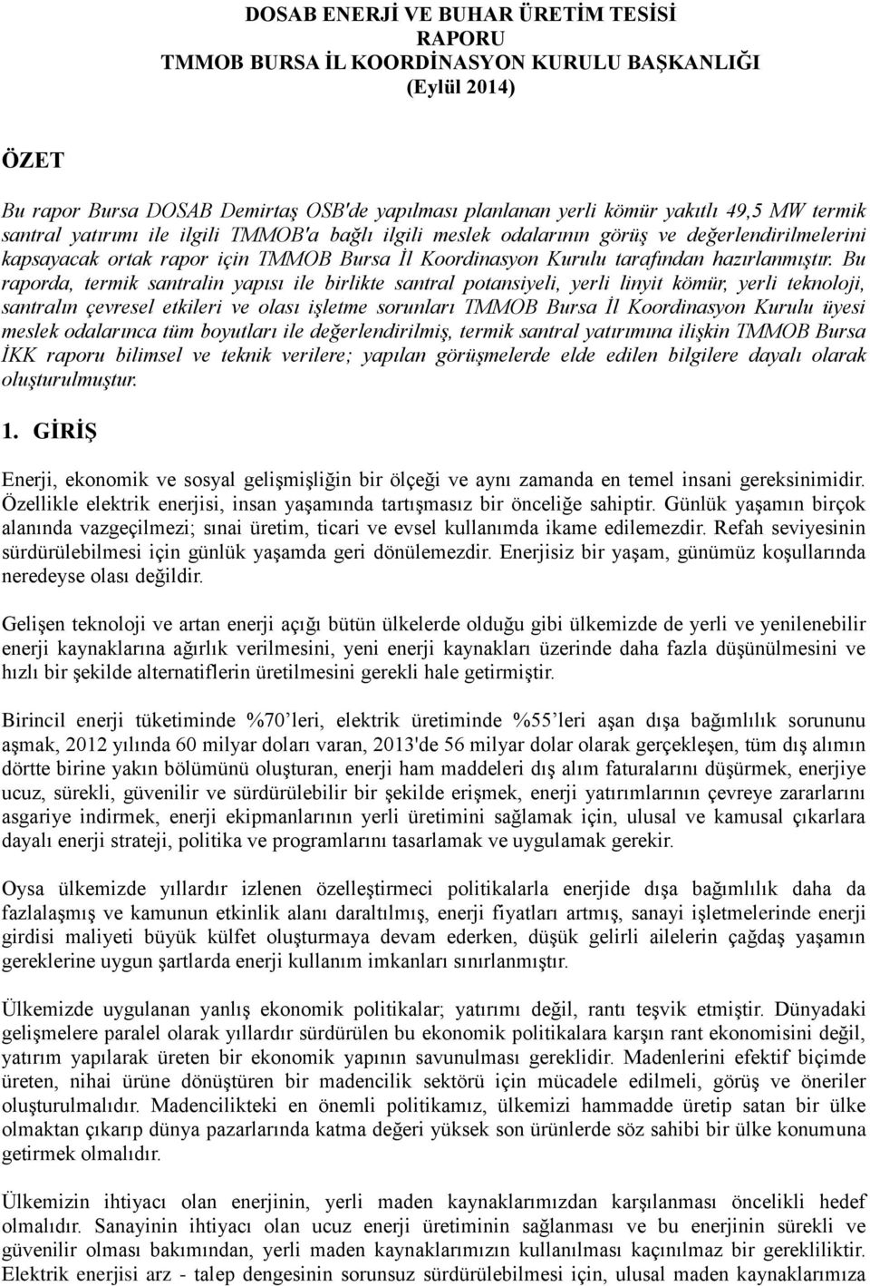 Bu raporda, termik santralin yapısı ile birlikte santral potansiyeli, yerli linyit kömür, yerli teknoloji, santralın çevresel etkileri ve olası işletme sorunları TMMOB Bursa İl Koordinasyon Kurulu