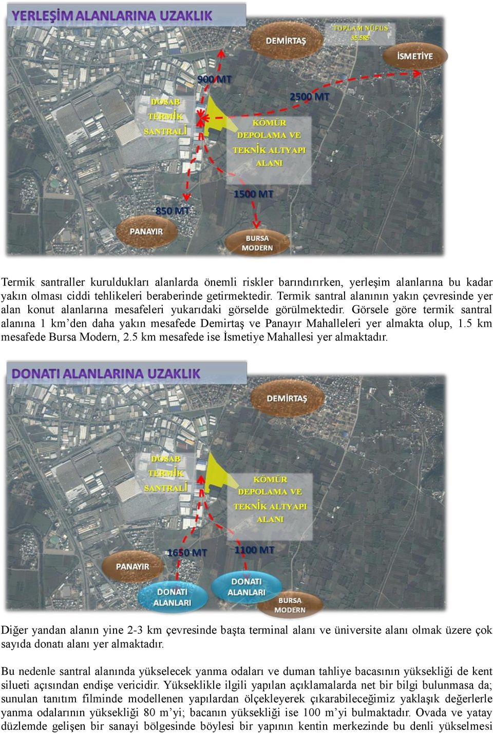 Görsele göre termik santral alanına 1 km den daha yakın mesafede Demirtaş ve Panayır Mahalleleri yer almakta olup, 1.5 km mesafede Bursa Modern, 2.5 km mesafede ise İsmetiye Mahallesi yer almaktadır.