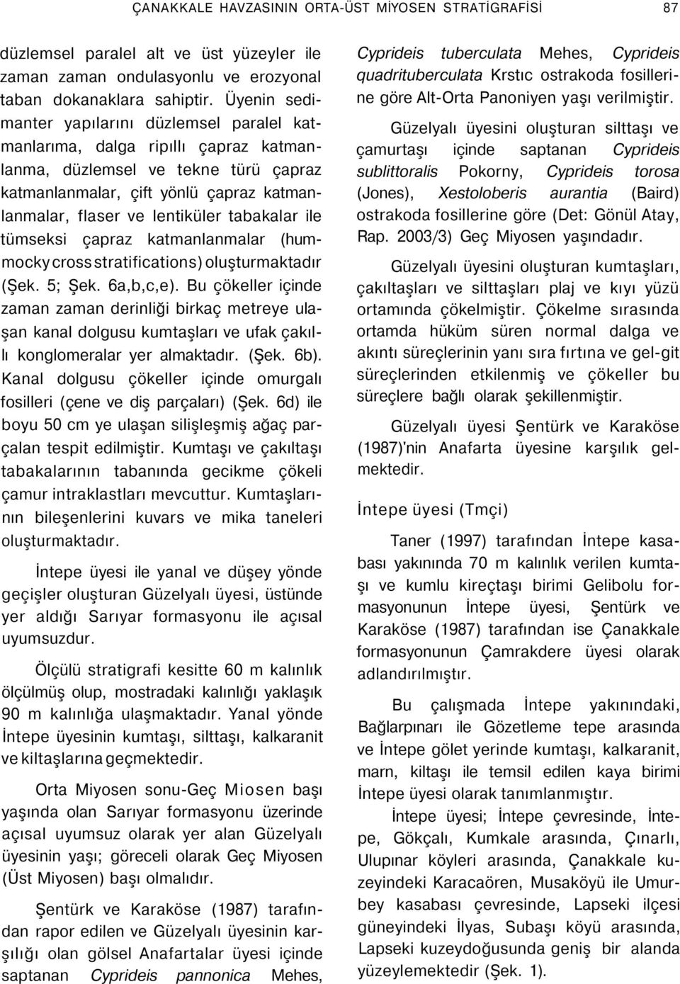 tabakalar ile tümseksi çapraz katmanlanmalar (hummocky cross stratifications) oluşturmaktadır (Şek. 5; Şek. 6a,b,c,e).