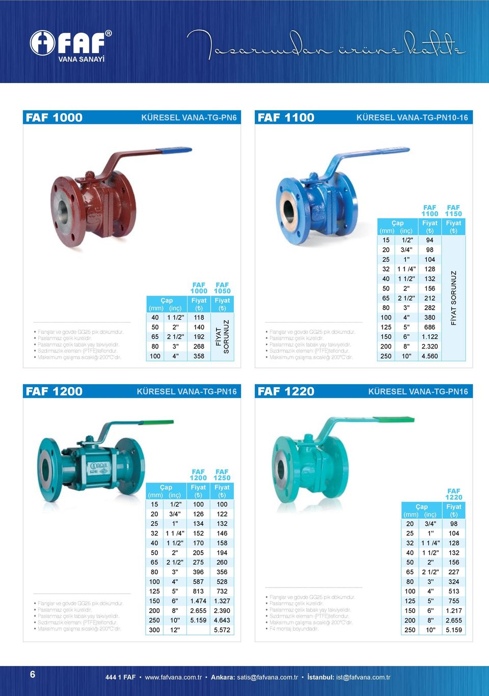 1000 1050 40 1 1/2'' 118 50 2'' 140 65 2 1/2'' 192 80 3'' 268 100 4'' 358 FİYAT SORUNUZ Flanşlar ve gövde GG25 pik dökümdür.