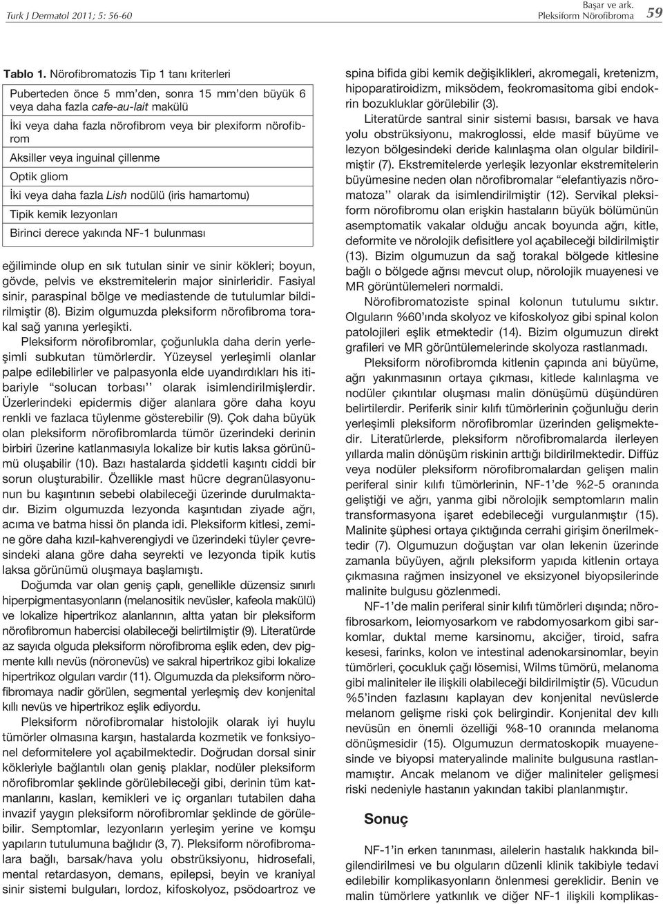 inguinal çillenme Optik gliom İki veya daha fazla Lish nodülü (iris hamartomu) Tipik kemik lezyonları Birinci derece yakında NF-1 bulunması eğiliminde olup en sık tutulan sinir ve sinir kökleri;