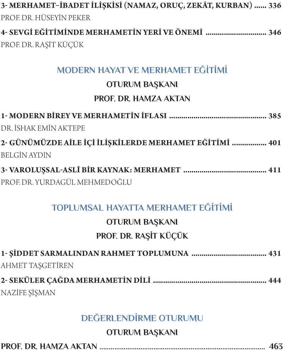 .. 401 BELGIN AYDIN 3- VAROLUŞSAL-ASLÎ BIR KAYNAK: MERHAMET... 411 PROF. DR. YURDAGÜL MEHMEDOĞLU TOPLUMSAL HAYATTA MERHAMET EĞITIMI OTURUM BAŞKANI PROF. DR. RAŞIT KÜÇÜK 1- ŞIDDET SARMALINDAN RAHMET TOPLUMUNA.