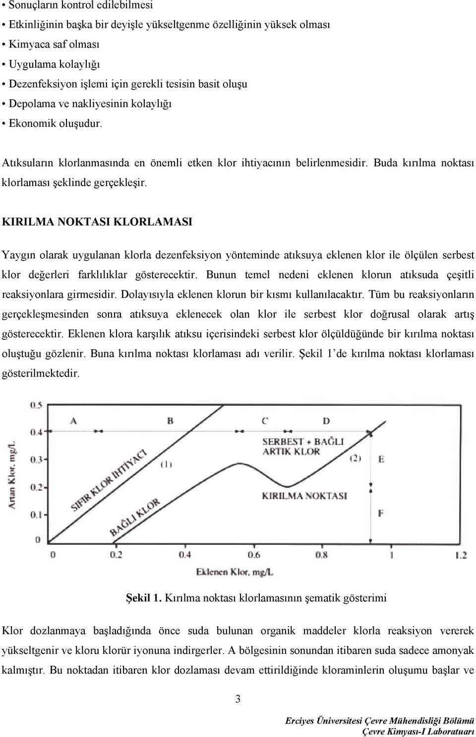 KIRILMA NOKTASI KLORLAMASI Yaygın olarak uygulanan klorla dezenfeksiyon yönteminde atıksuya eklenen klor ile ölçülen serbest klor değerleri farklılıklar gösterecektir.