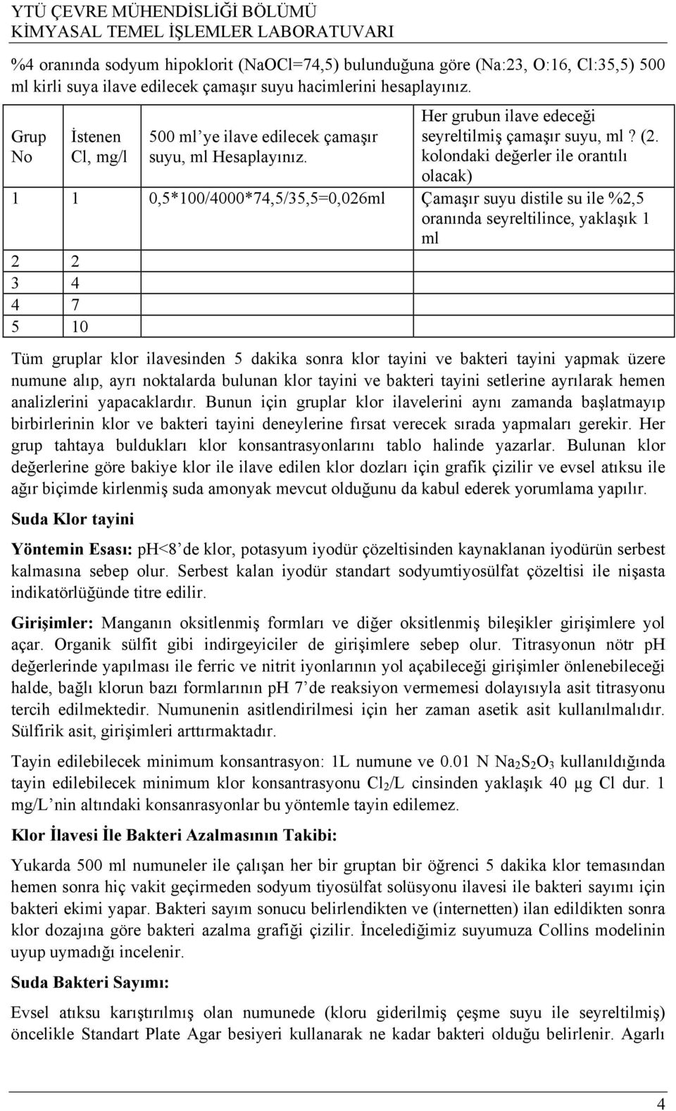 kolondaki değerler ile orantılı olacak) 1 1 0,5*100/4000*74,5/35,5=0,026ml Çamaşır suyu distile su ile %2,5 oranında seyreltilince, yaklaşık 1 ml 2 2 3 4 4 7 5 10 Tüm gruplar klor ilavesinden 5