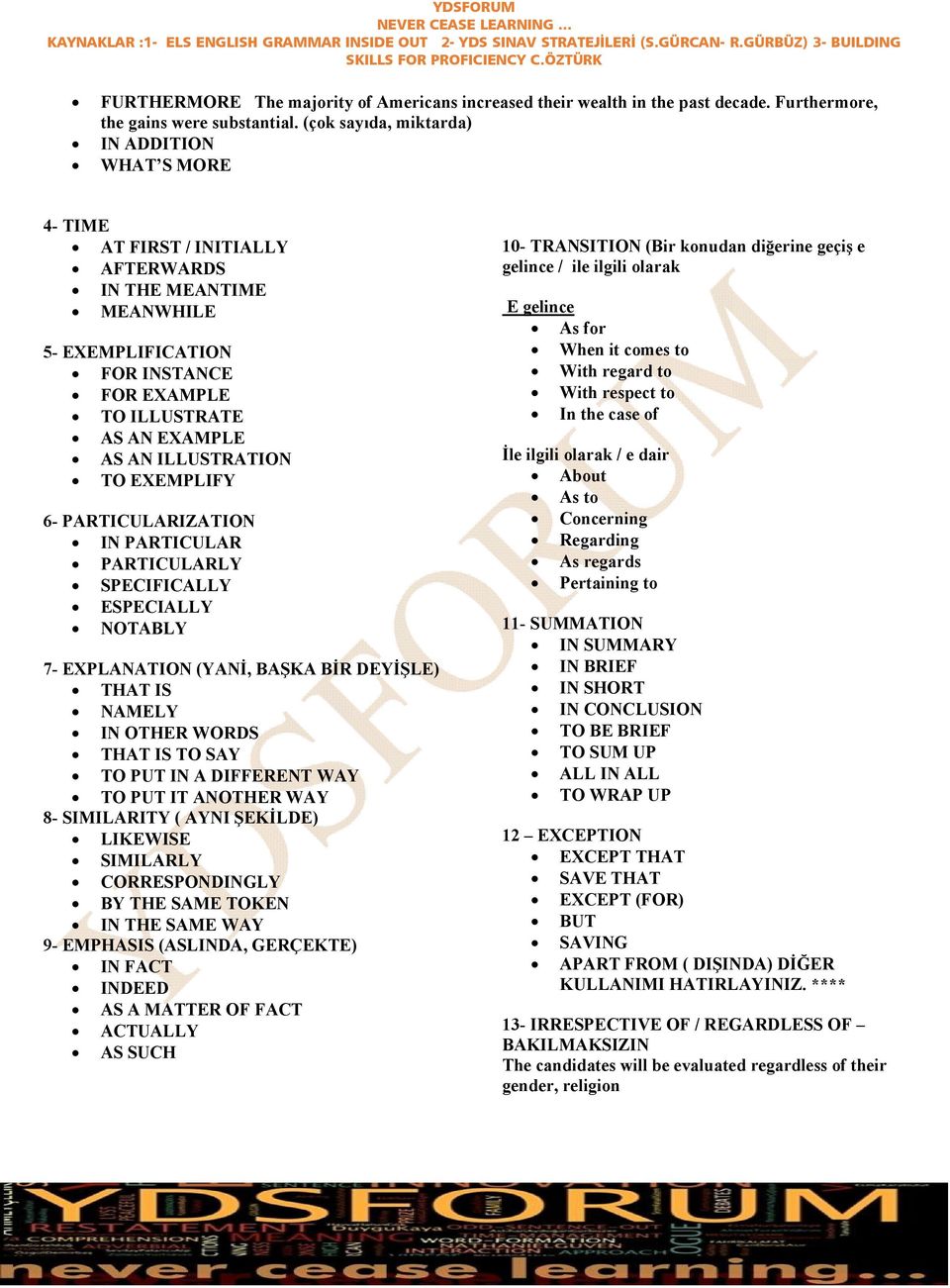 ILLUSTRATION TO EXEMPLIFY 6- PARTICULARIZATION IN PARTICULAR PARTICULARLY SPECIFICALLY ESPECIALLY NOTABLY 7- EXPLANATION (YANİ, BAŞKA BİR DEYİŞLE) THAT IS NAMELY IN OTHER WORDS THAT IS TO SAY TO PUT