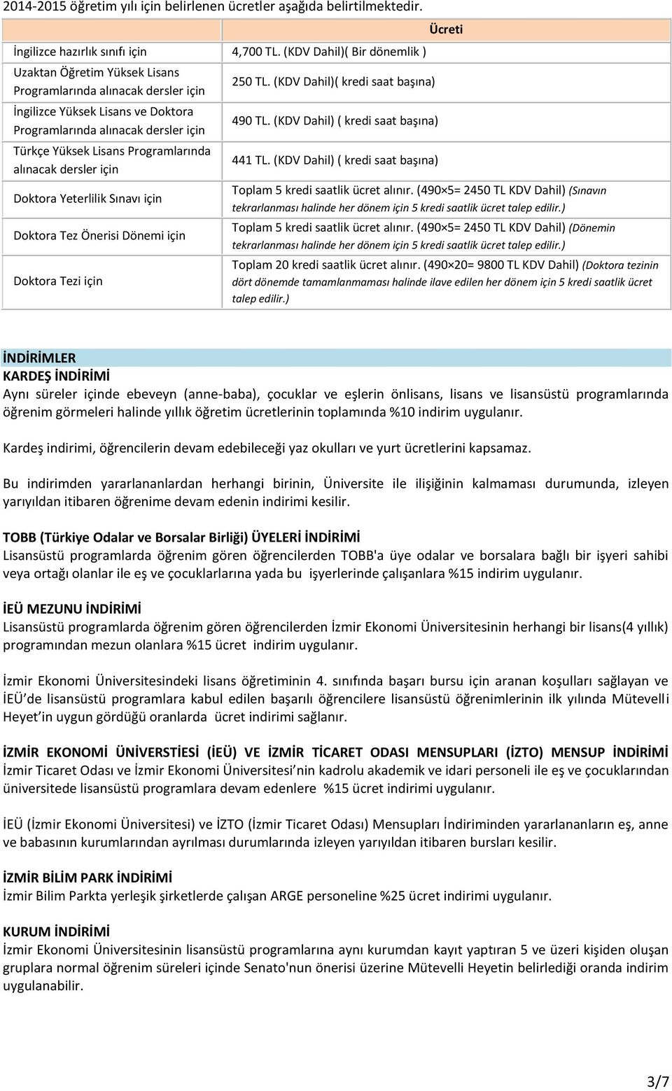 Programlarında alınacak dersler için Doktora Yeterlilik Sınavı için Doktora Tez Önerisi Dönemi için Doktora Tezi için 250 TL. (KDV Dahil)( kredi saat başına) 490 TL.