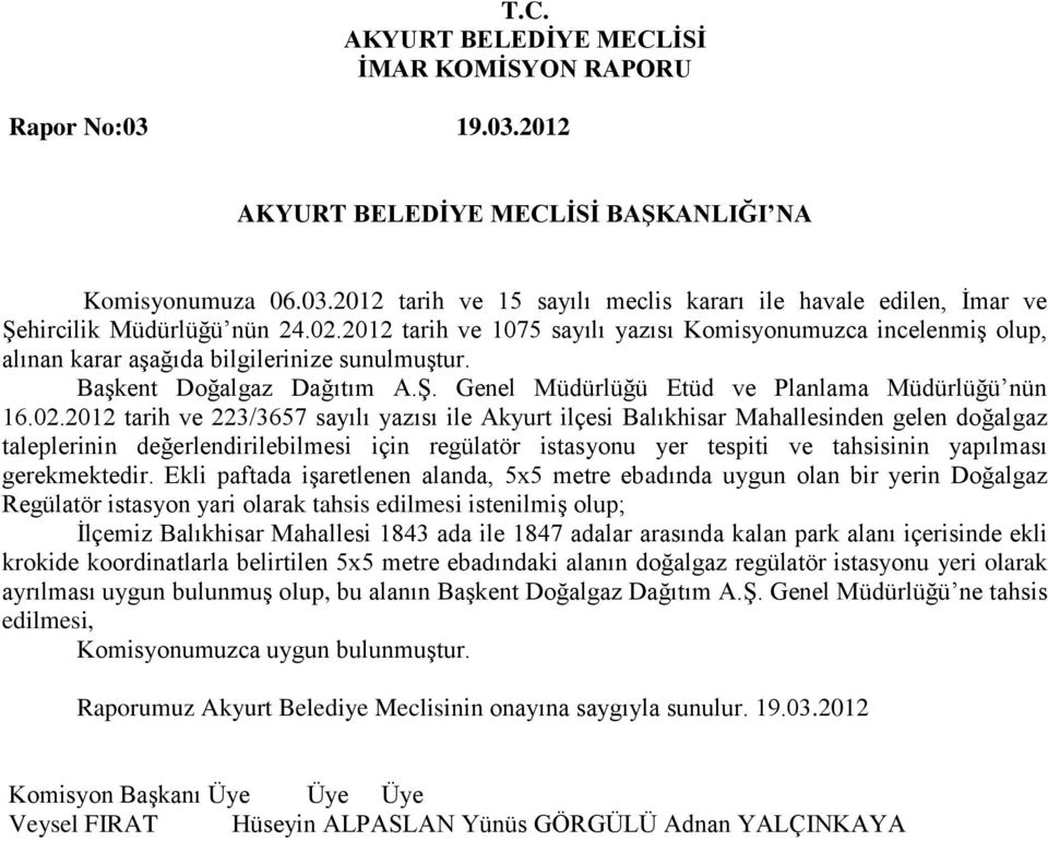 2012 tarih ve 223/3657 sayılı yazısı ile Akyurt ilçesi Balıkhisar Mahallesinden gelen doğalgaz taleplerinin değerlendirilebilmesi için regülatör istasyonu yer tespiti ve tahsisinin yapılması
