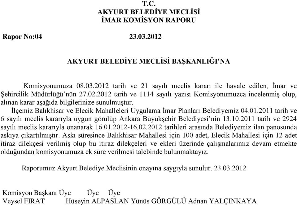 10.2011 tarih ve 2924 sayılı meclis kararıyla onanarak 16.01.2012-16.02.2012 tarihleri arasında Belediyemiz ilan panosunda askıya çıkartılmıştır.