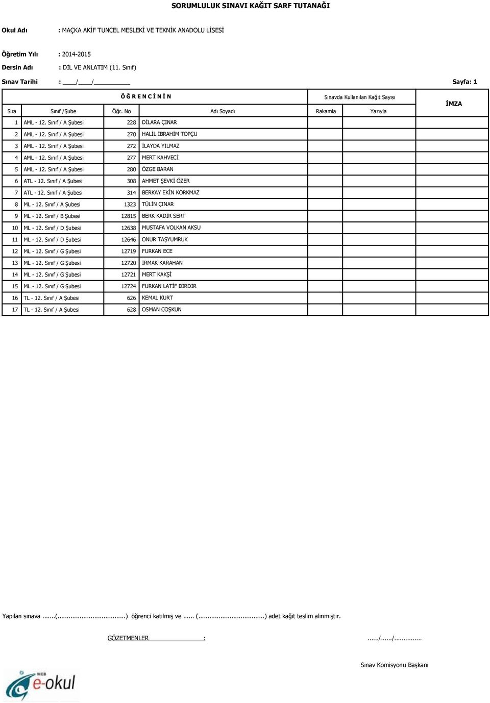Sınıf / A Şubesi 14 BERKAY EKİN KORKMAZ ML - 1. Sınıf / A Şubesi 1 TÜLİN ÇINAR ML - 1. Sınıf / B Şubesi 1815 BERK KADİR SERT ML - 1. Sınıf / D Şubesi 168 MUSTAFA VOLKAN AKSU ML - 1.