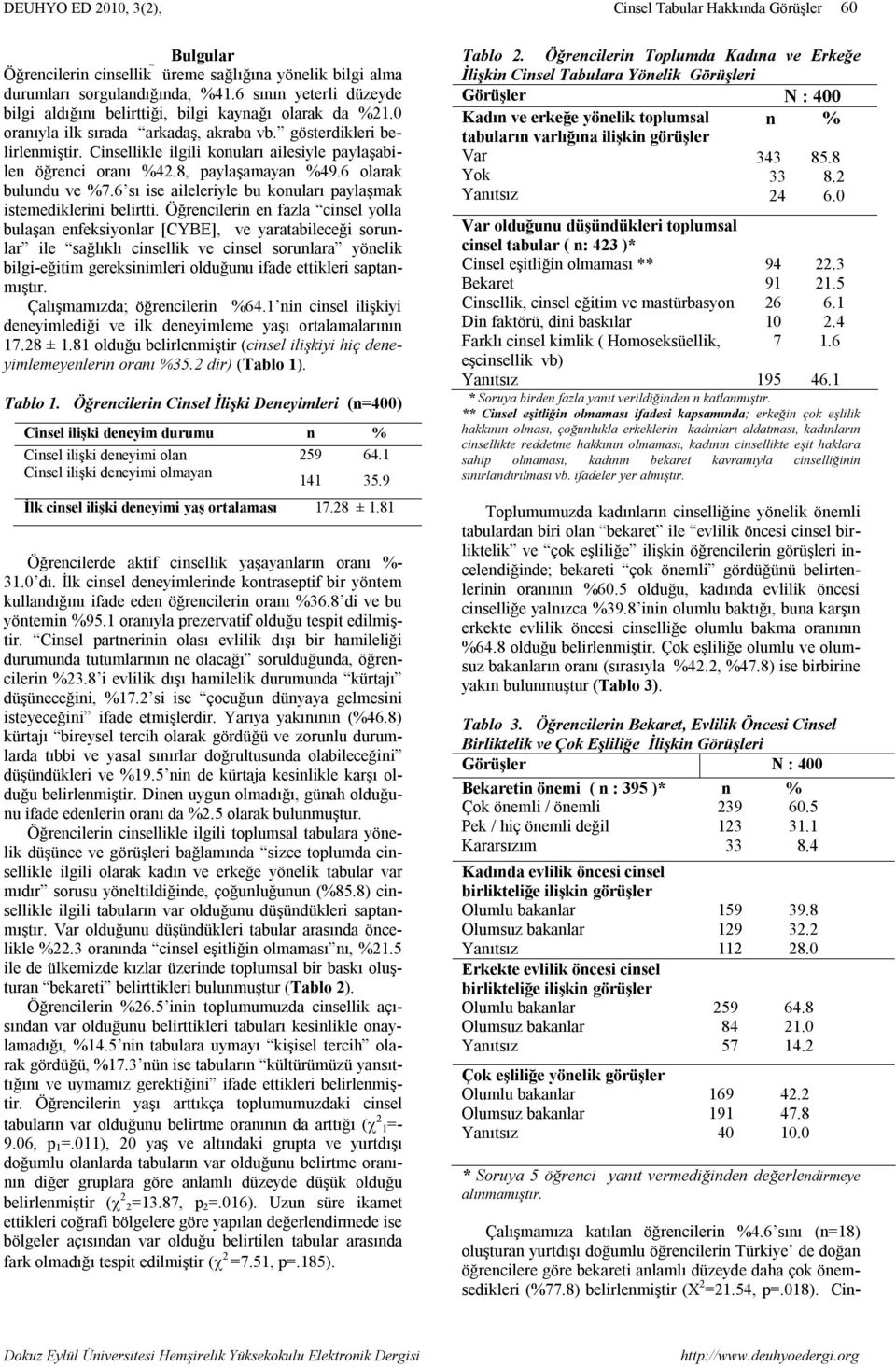 Cinsellikle ilgili konuları ailesiyle paylaşabilen öğrenci oranı %42.8, paylaşamayan %49.6 olarak bulundu ve %7.6 sı ise aileleriyle bu konuları paylaşmak istemediklerini belirtti.