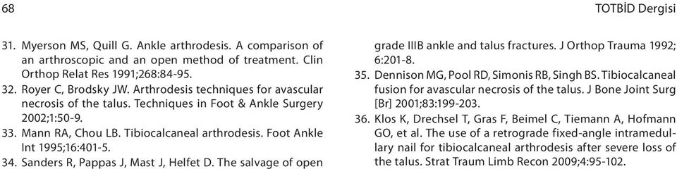 Sanders R, Pappas J, Mast J, Helfet D. The salvage of open grade IIIB ankle and talus fractures. J Orthop Trauma 1992; 6:201-8. 35. Dennison MG, Pool RD, Simonis RB, Singh BS.