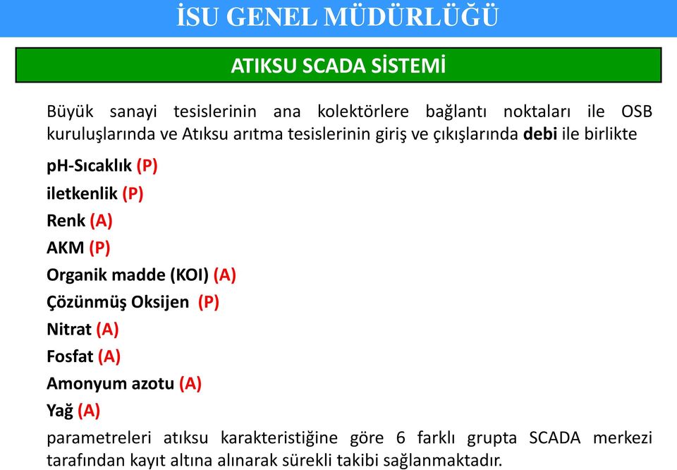 (P) Organik madde (KOI) (A) Çözünmüş Oksijen (P) Nitrat (A) Fosfat (A) Amonyum azotu (A) Yağ (A) parametreleri