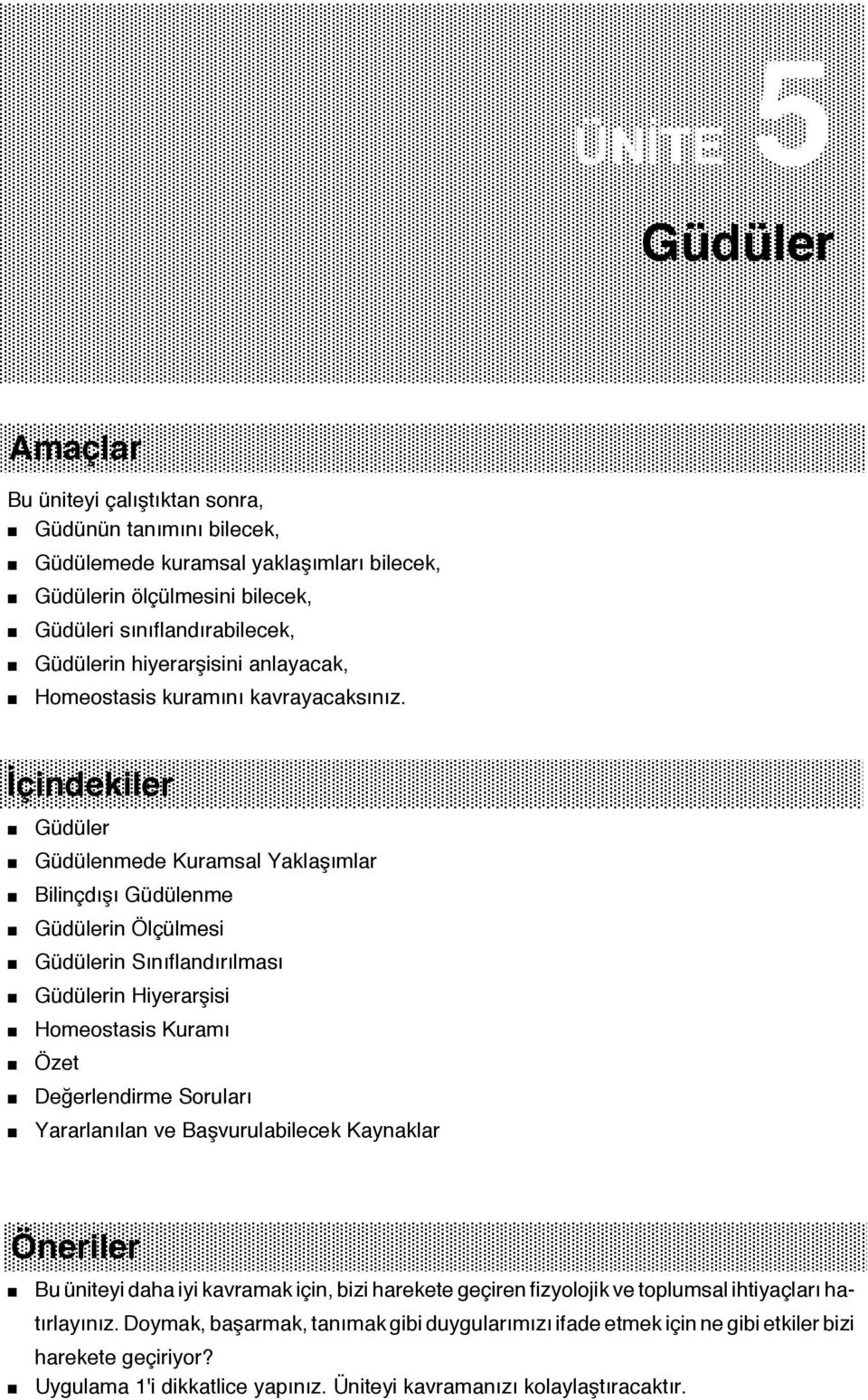 İçindekiler Güdüler Güdülenmede Kuramsal Yaklaşımlar Bilinçdışı Güdülenme Güdülerin Ölçülmesi Güdülerin Sınıflandırılması Güdülerin Hiyerarşisi Homeostasis Kuramı Özet Değerlendirme Soruları