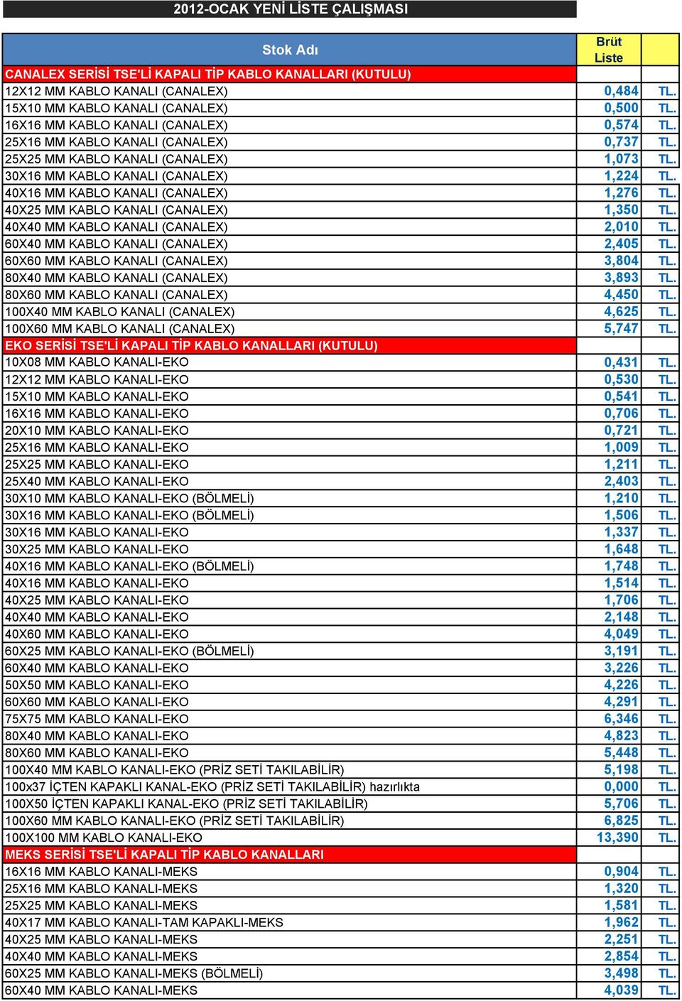 40X16 MM KABLO KANALI (CANALEX) 1,276 TL. 40X25 MM KABLO KANALI (CANALEX) 1,350 TL. 40X40 MM KABLO KANALI (CANALEX) 2,010 TL. 60X40 MM KABLO KANALI (CANALEX) 2,405 TL.