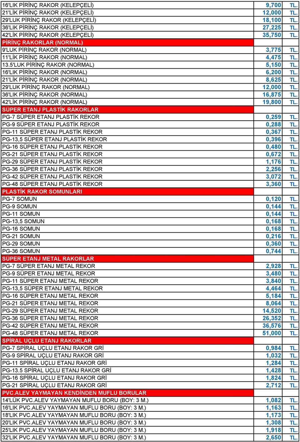 16'LIK PİRİNÇ RAKOR (NORMAL) 6,200 TL. 21'LİK PİRİNÇ RAKOR (NORMAL) 8,625 TL. 29'LUK PİRİNÇ RAKOR (NORMAL) 12,000 TL. 36'LIK PİRİNÇ RAKOR (NORMAL) 16,875 TL. 42'LİK PİRİNÇ RAKOR (NORMAL) 19,800 TL.