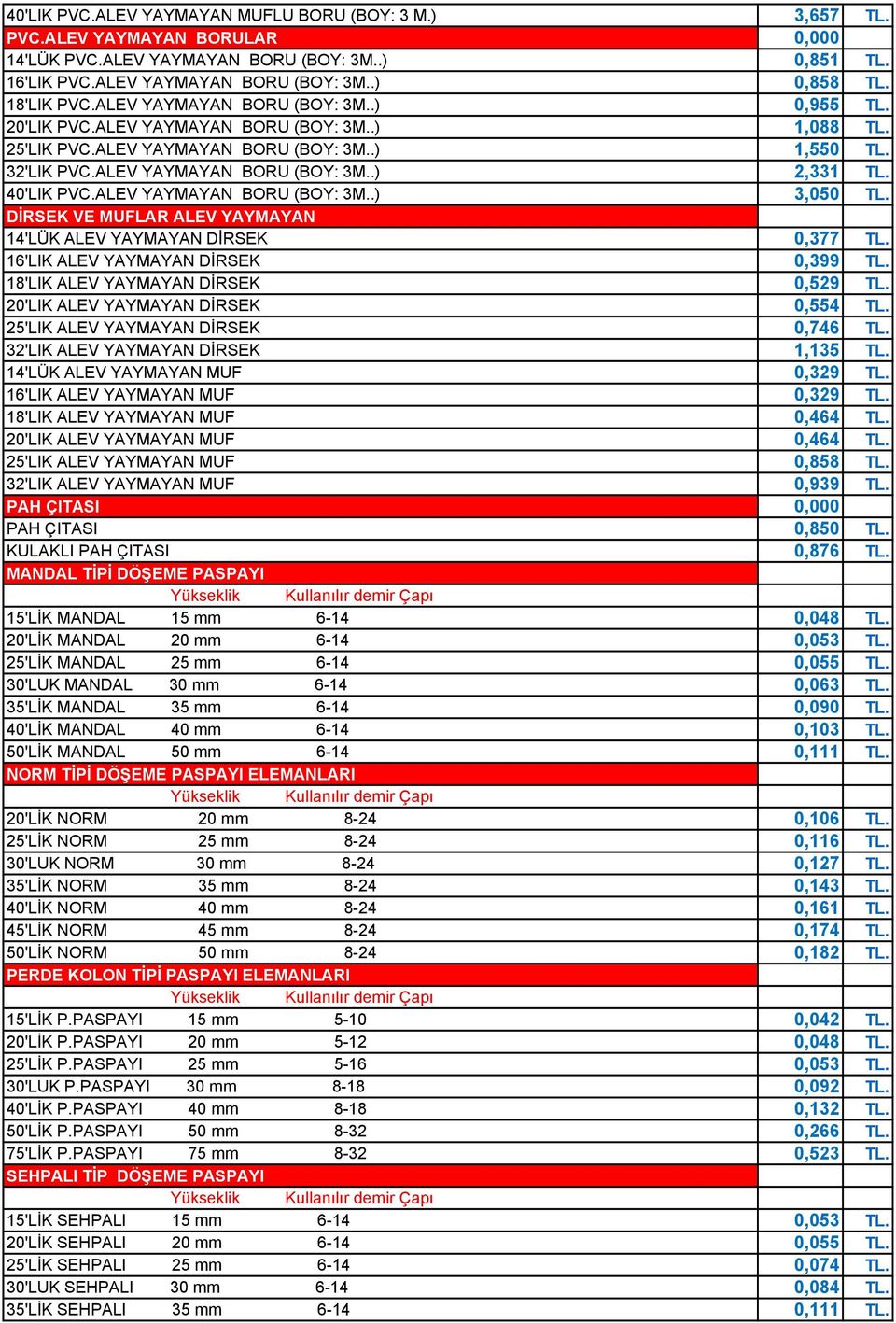 40'LIK PVC.ALEV YAYMAYAN BORU (BOY: 3M..) 3,050 TL. DİRSEK VE MUFLAR ALEV YAYMAYAN 14'LÜK ALEV YAYMAYAN DİRSEK 0,377 TL. 16'LIK ALEV YAYMAYAN DİRSEK 0,399 TL. 18'LIK ALEV YAYMAYAN DİRSEK 0,529 TL.