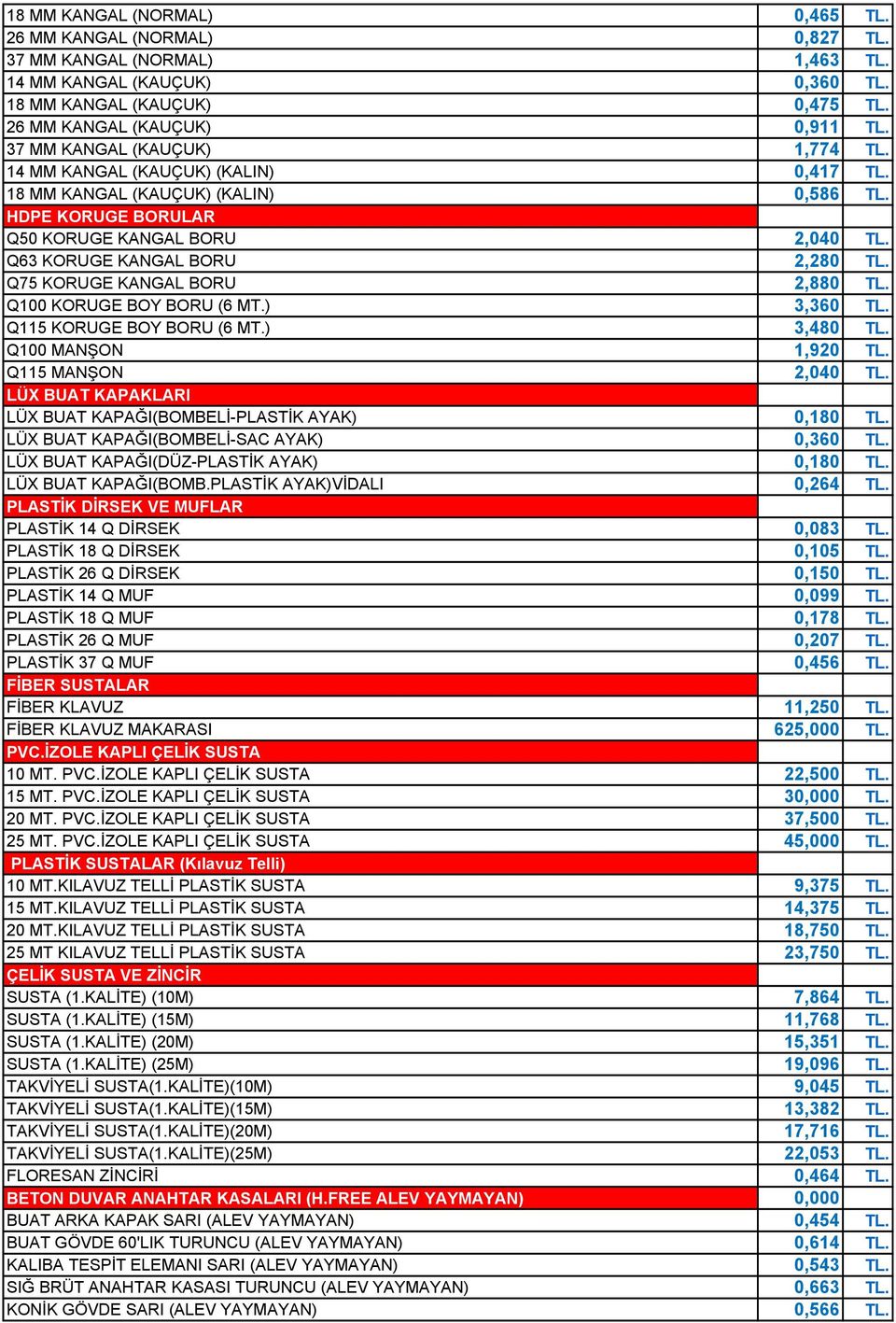 Q75 KORUGE KANGAL BORU 2,880 TL. Q100 KORUGE BOY BORU (6 MT.) 3,360 TL. Q115 KORUGE BOY BORU (6 MT.) 3,480 TL. Q100 MANŞON 1,920 TL. Q115 MANŞON 2,040 TL.