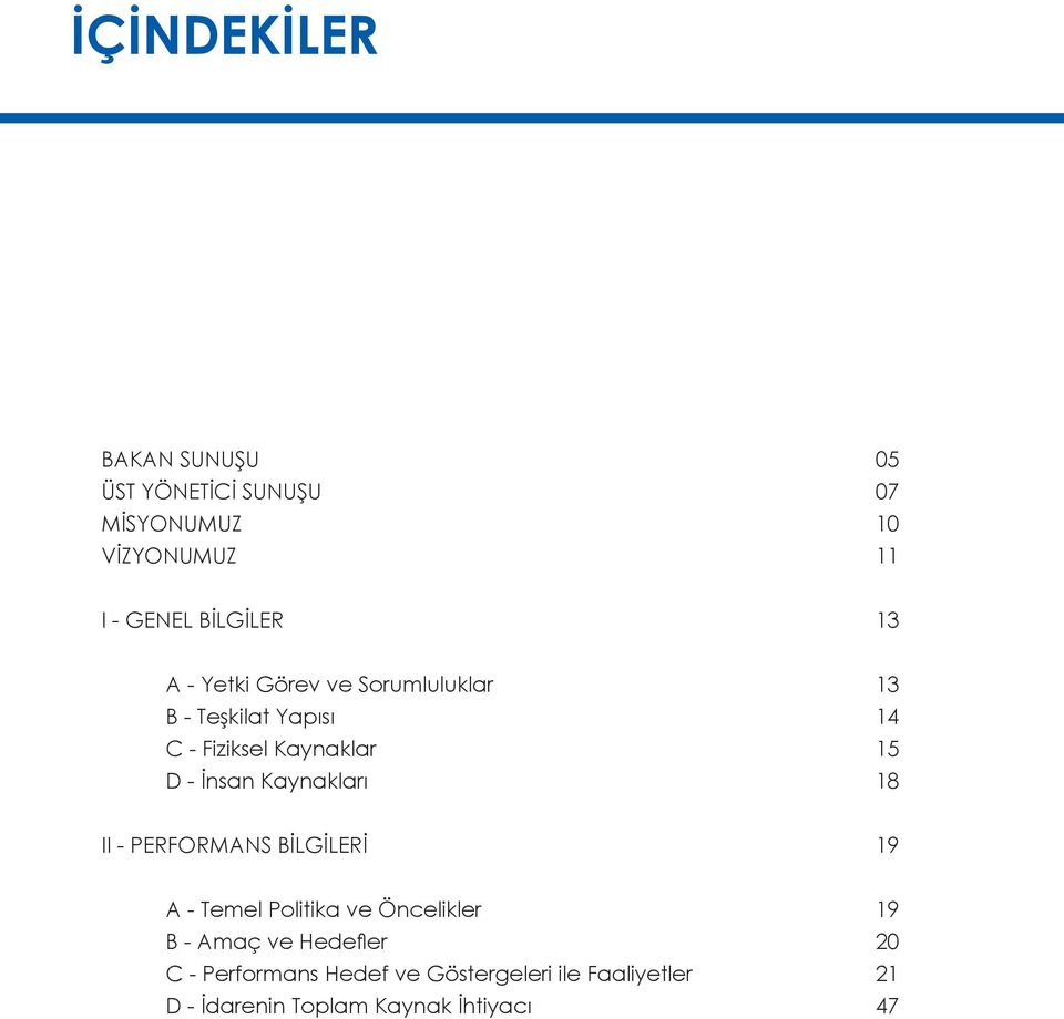 Kaynakları 13 14 15 18 II - PERFORMANS BİLGİLERİ 19 A - Temel Politika ve Öncelikler B - Amaç ve