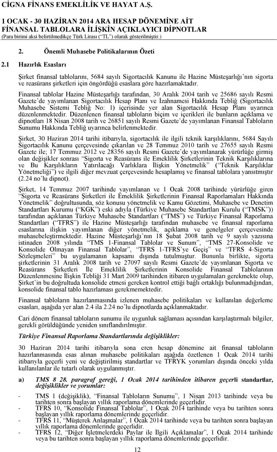 Finansal tablolar Hazine Müsteşarlığı tarafından, 30 Aralık 2004 tarih ve 25686 sayılı Resmi Gazete de yayımlanan Sigortacılık Hesap Planı ve İzahnamesi Hakkında Tebliğ (Sigortacılık Muhasebe Sistemi