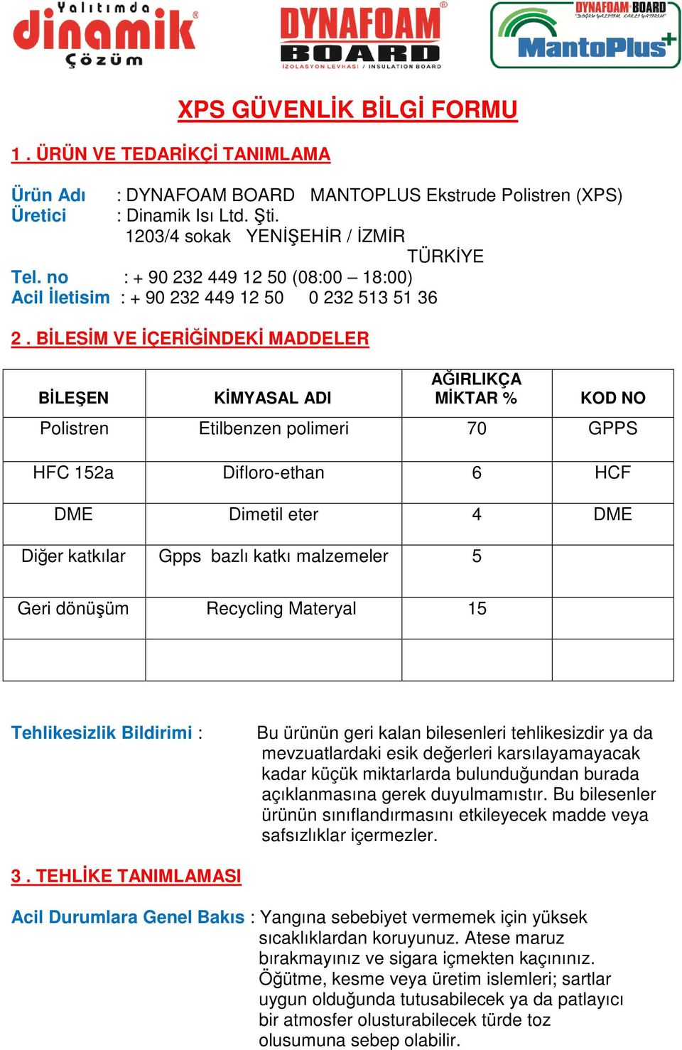 BİLESİM VE İÇERİĞİNDEKİ MADDELER BİLEŞEN KİMYASAL ADI AĞIRLIKÇA MİKTAR % KOD NO Polistren Etilbenzen polimeri 70 GPPS HFC 152a Difloro-ethan 6 HCF DME Dimetil eter 4 DME Diğer katkılar Gpps bazlı