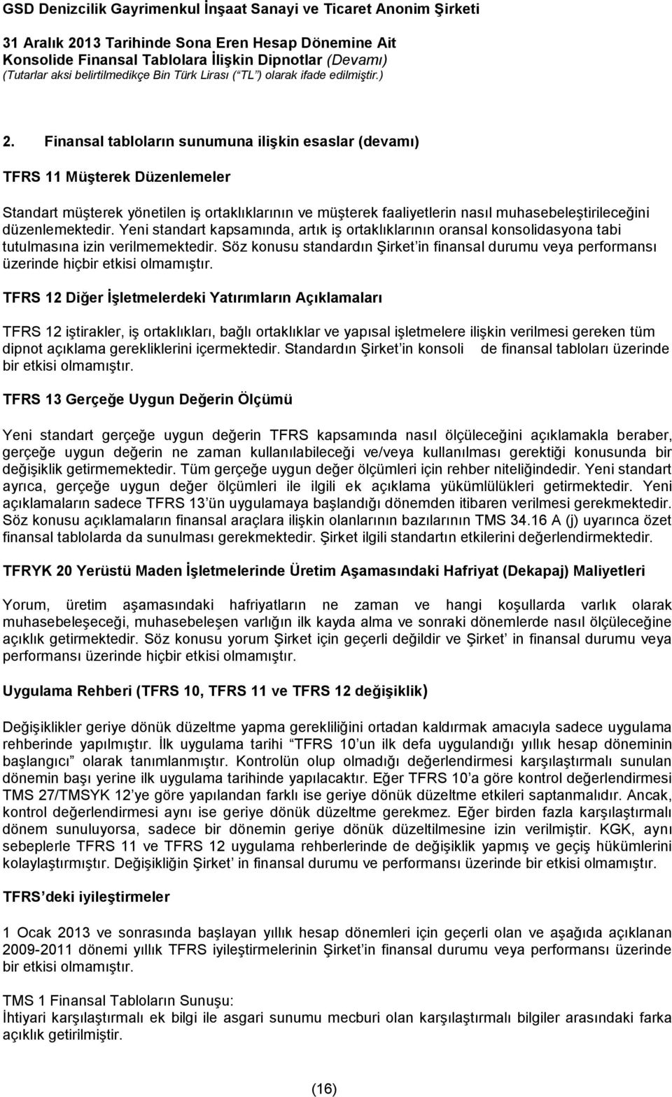 Söz konusu standardın Şirket in finansal durumu veya performansı üzerinde hiçbir etkisi olmamıştır.