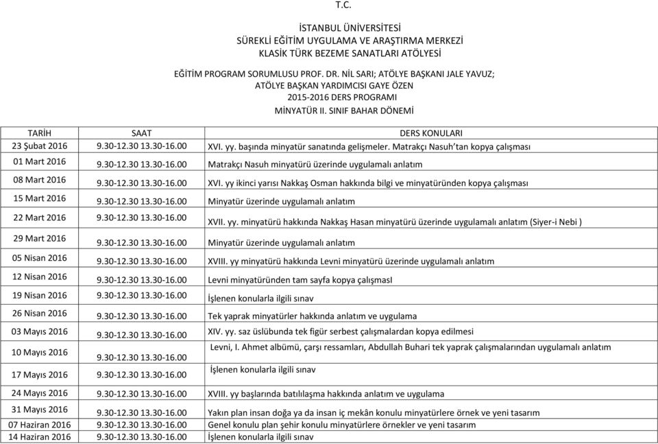 yy ikinci yarısı Nakkaş Osman hakkında bilgi ve minyatüründen kopya çalışması 15 Mart 2016 Minyatür üzerinde uygulamalı anlatım 22 Mart 2016 29 Mart 2016 XVII. yy.