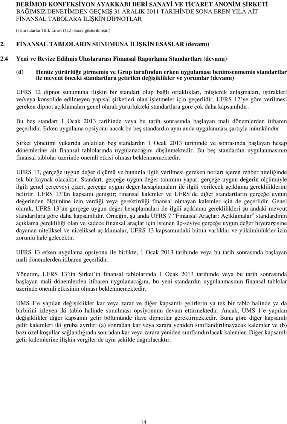 standartlara getirilen değişiklikler ve yorumlar (devamı) UFRS 12 dipnot sunumuna ilişkin bir standart olup bağlı ortaklıkları, müşterek anlaşmaları, iştirakleri ve/veya konsolide edilmeyen yapısal