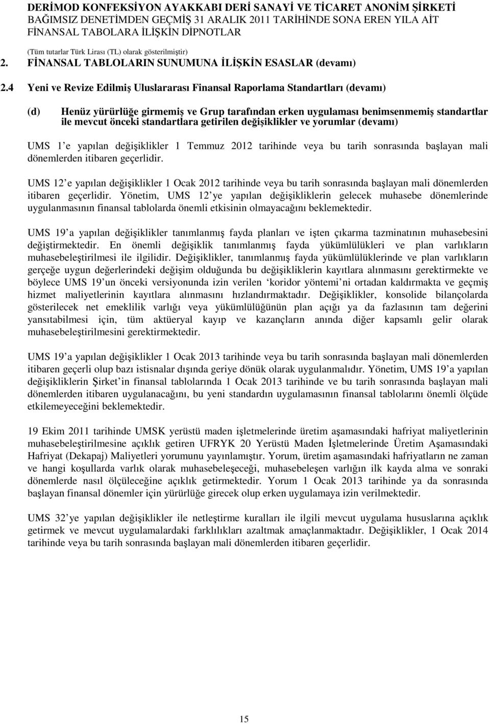 standartlara getirilen değişiklikler ve yorumlar (devamı) UMS 1 e yapılan değişiklikler 1 Temmuz 2012 tarihinde veya bu tarih sonrasında başlayan mali dönemlerden itibaren geçerlidir.