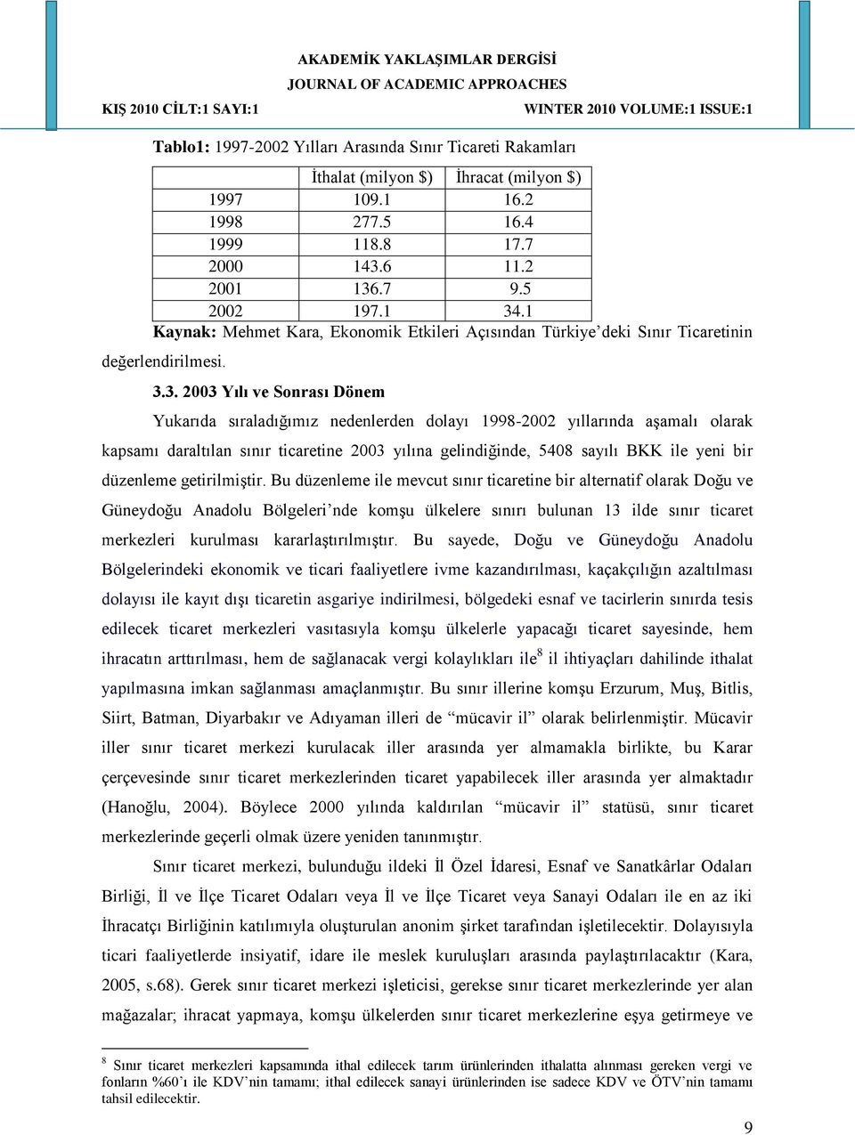 3. 2003 Yılı ve Sonrası Dönem Yukarıda sıraladığımız nedenlerden dolayı 1998-2002 yıllarında aşamalı olarak kapsamı daraltılan sınır ticaretine 2003 yılına gelindiğinde, 5408 sayılı BKK ile yeni bir