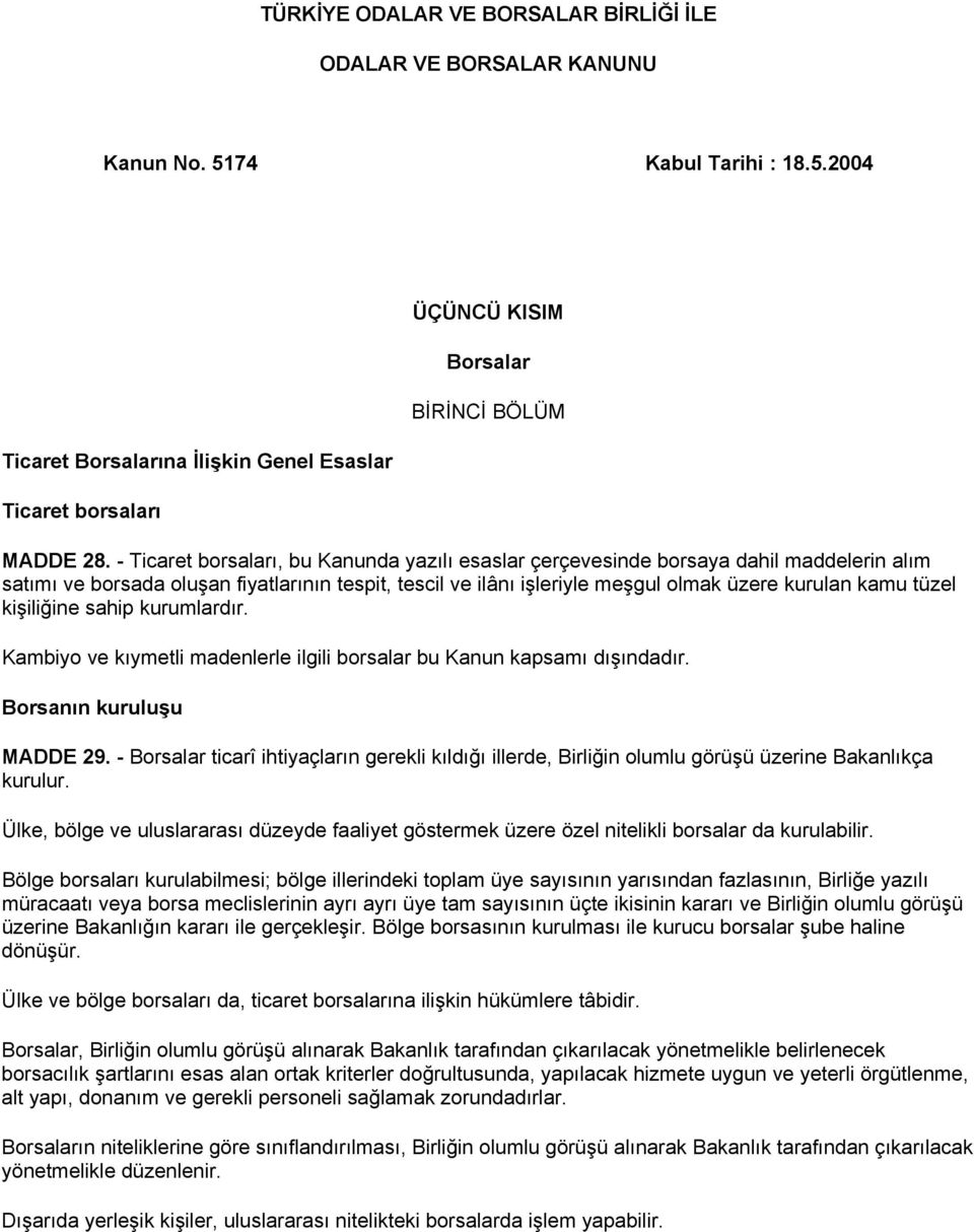 kişiliğine sahip kurumlardır. Kambiyo ve kıymetli madenlerle ilgili borsalar bu Kanun kapsamı dışındadır. Borsanın kuruluşu MADDE 29.