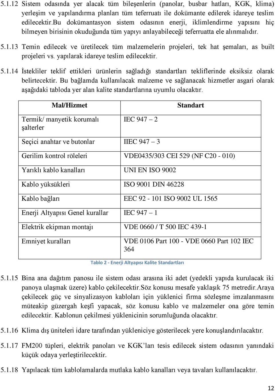 13 Temin edilecek ve üretilecek tüm malzemelerin projeleri, tek hat şemaları, as built projeleri vs. yapılarak idareye teslim edilecektir. 5.1.14 İstekliler teklif ettikleri ürünlerin sağladığı standartları tekliflerinde eksiksiz olarak belirtecektir.