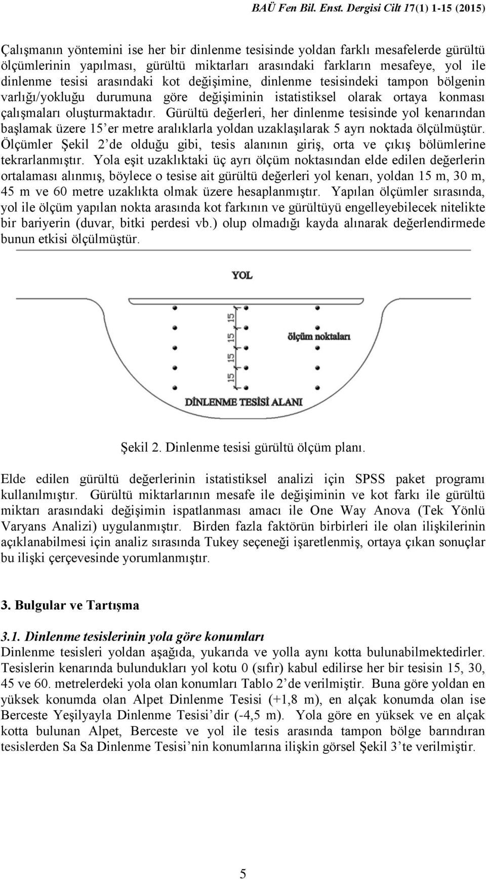 Gürültü değerleri, her dinlenme tesisinde yol kenarından başlamak üzere 15 er metre aralıklarla yoldan uzaklaşılarak 5 ayrı noktada ölçülmüştür.