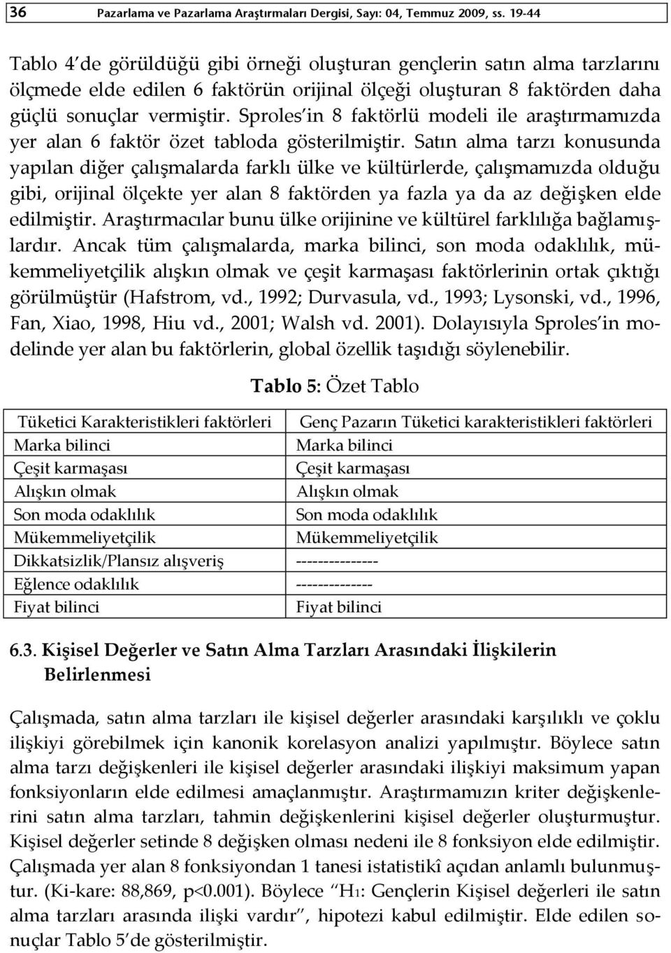 Sproles in 8 faktörlü modeli ile araştırmamızda yer alan 6 faktör özet tabloda gösterilmiştir.