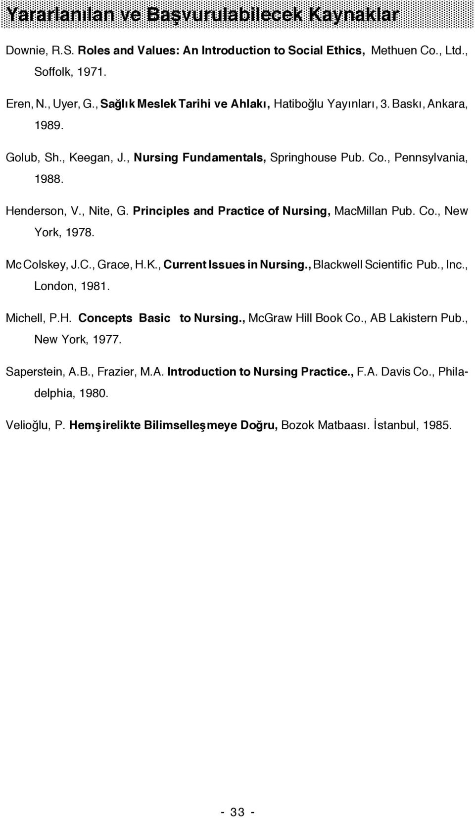 Principles and Practice of Nursing, MacMillan Pub. Co., New York, 1978. Mc Colskey, J.C., Grace, H.K., Current Issues in Nursing., Blackwell Scientific Pub., Inc., London, 1981. Michell, P.H. Concepts Basic to Nursing.